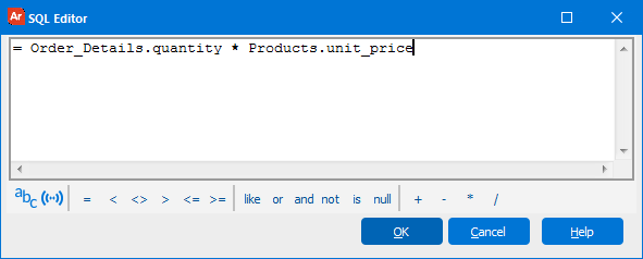 This shows the SQL Editor and contains the statement which multiplies quantity times unit prices.